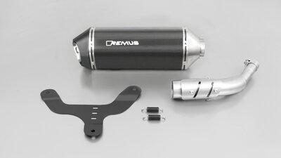 Remus Sportuitlaat, slip on (demper met verbindingsbuis incl. Euro 4 cat.) met hitteschild voor Vespa GTS 300 ie Super / GTV 300 Sei Giorni, carbon, met EG-homologatie voor Vespa GTV 300 Sei Giorni 17- MA3C, 15.6 kW, Euro 11