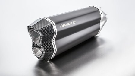 REMUS 8, slip on (muffler with connecting tube) incl. CARBON heat protecting shield for BMW R 1200 R/RS, stainless steel black, 65mm, incl. EC homologation