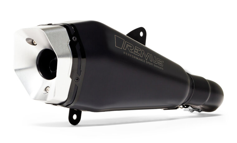 Remus RS, eindkap van bewerkt aluminium, zilver gecoat, roestvrij staal zwart, incl. (EG-)goedkeuring voor Vespa GTS / GTS Supe