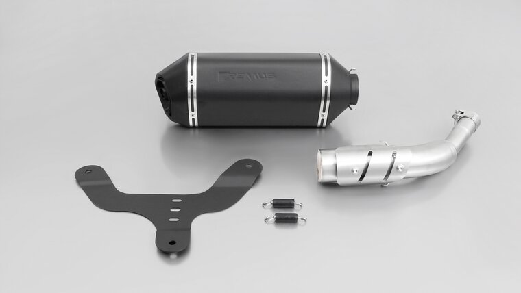 Remus Sportuitlaat, slip on (demper met verbindingsbuis incl. Euro 4 cat.) met hitteschild voor Vespa GTS 300 ie Super / GTV 300 Sei Giorni, roestvrij staal zwart, met EG-homologatie voor Vespa GTS 300 ie Super Euro4 16- MA3C, 15.6 kW, Euro 12