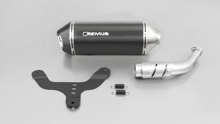 Remus Sportuitlaat, slip on (demper met verbindingsbuis incl. Euro 4 cat.) met hitteschild voor Vespa GTS 300 ie Super / GTV 300 Sei Giorni, carbon, met EG-homologatie voor Vespa GTV 300 Sei Giorni 17- MA3C, 15.6 kW, Euro 11