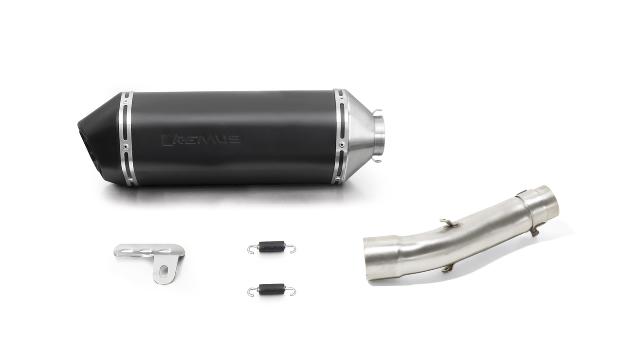 Remus OKAMI Slip On (sportuitlaat met aansluitbuis), RVS zwart, (EG-)goedkeuring HONDA CB 500 F PC58, 35 kW, (Euro 4)
