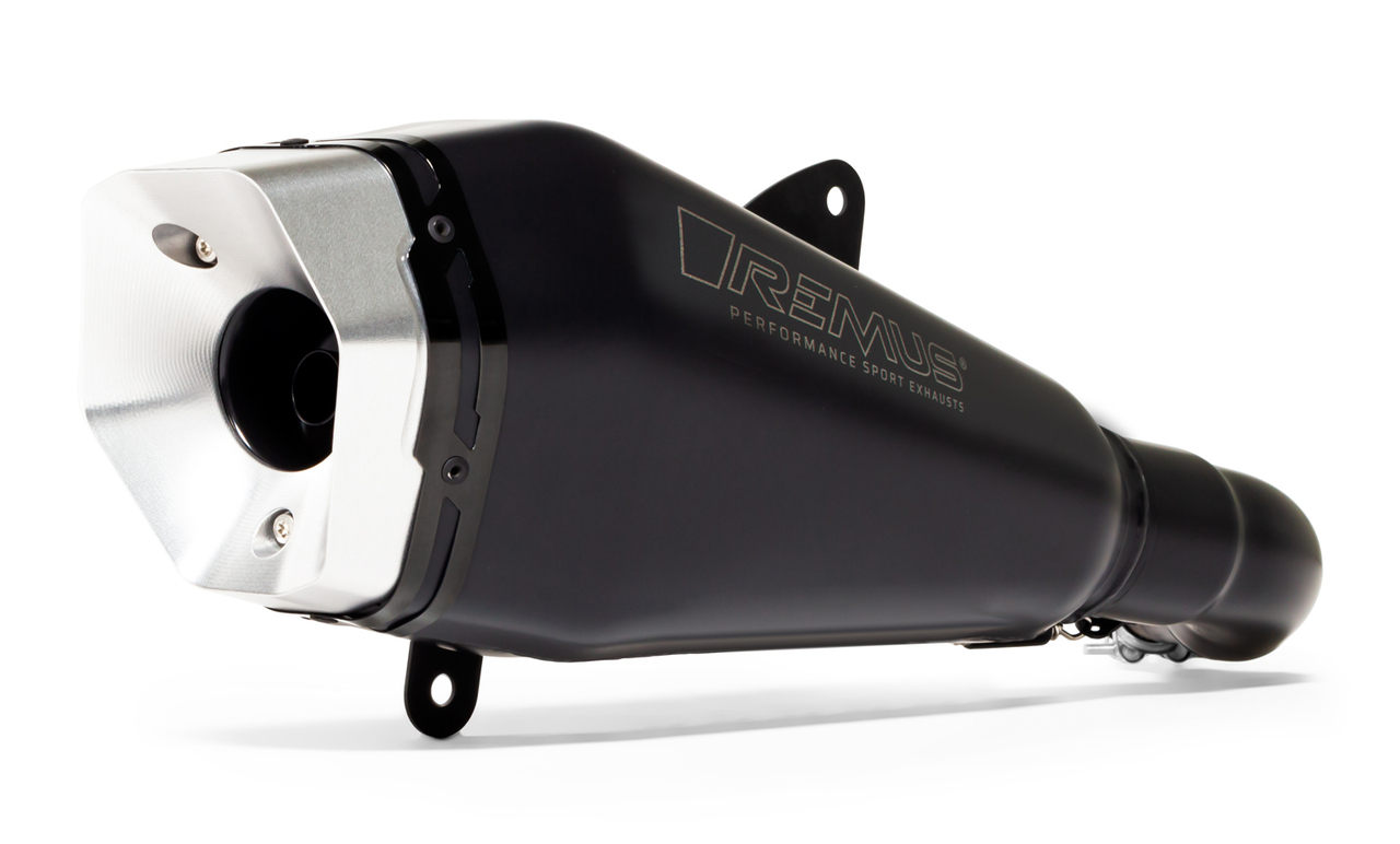 Remus RS, eindkap van bewerkt aluminium, zilver gecoat, roestvrij staal zwart, incl. (EG-)goedkeuring voor Vespa GTS / GTS Supe