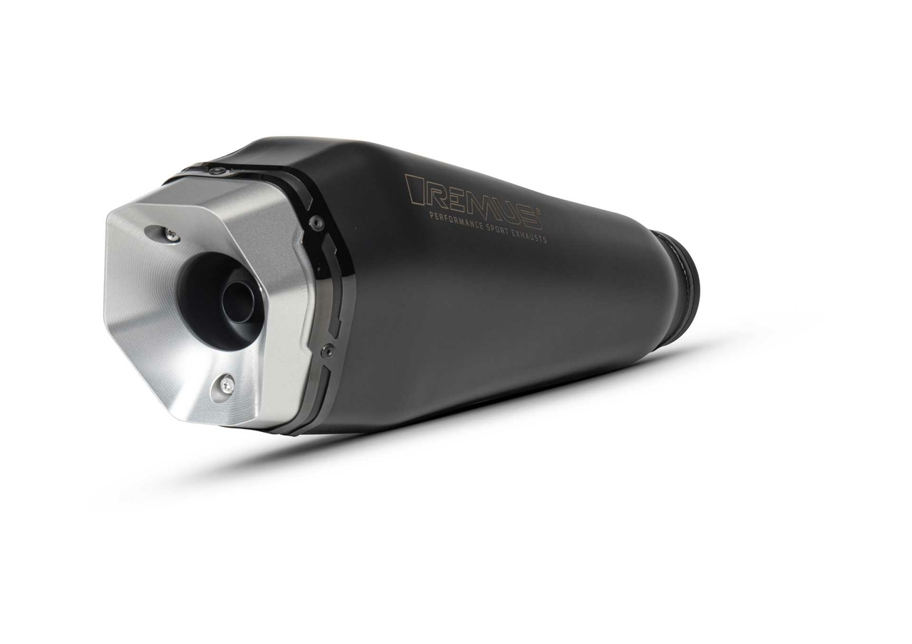 Remus RS Slip-On, gefreesde aluminium eindkap - zilver gecoat, roestvrij staal zwart, incl. (EG-)goedkeuring voor Vespa GTS 125