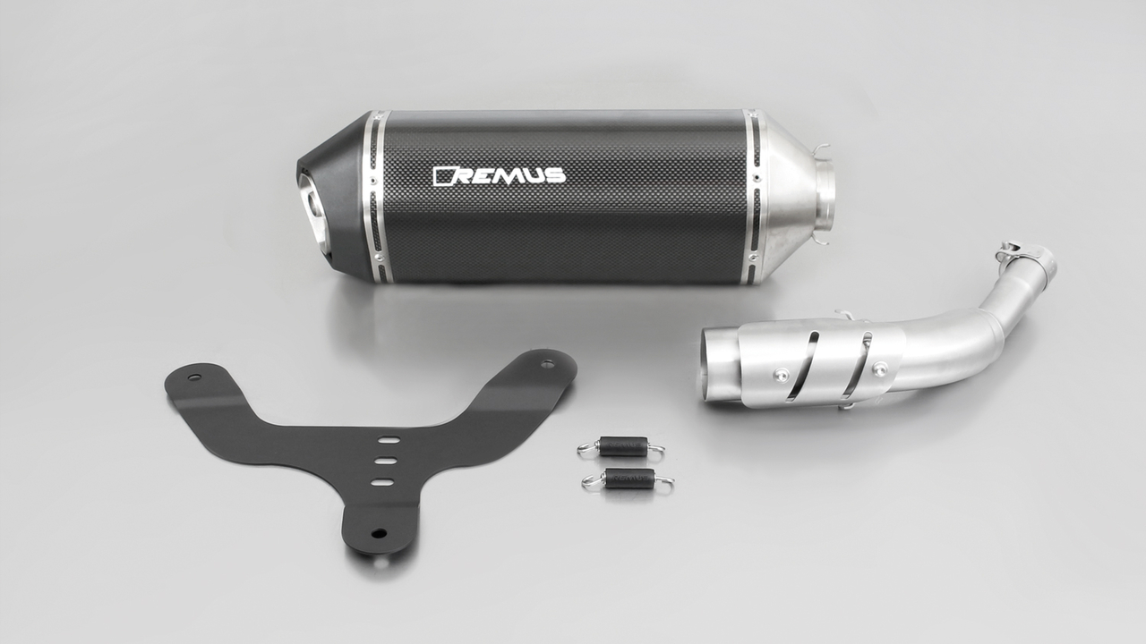 Remus Sportuitlaat, slip on (demper met verbindingsbuis zonder katalysator) met hitteschild voor Vespa GTS 300 ie Super / GTV 300 Sei Giorni, carbon, zonder EG-homologatie voor Vespa GTV 300 Sei Giorni 17- MA3C, 15.6 kW, Euro 8