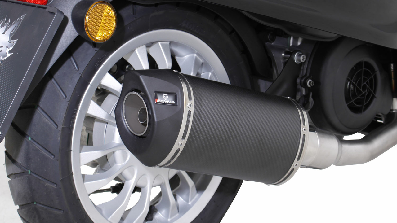 Remus SCOOTER RSC, Vespa Sport Uitlaat compleet systeem incl. Euro 4 cat. zonder hitteschild, carbon, 65mm, met EG-goedkeuring voor Vespa Primavera 125ie 3V Euro4 16- MA1A, 7.9 kW (EURO 4)